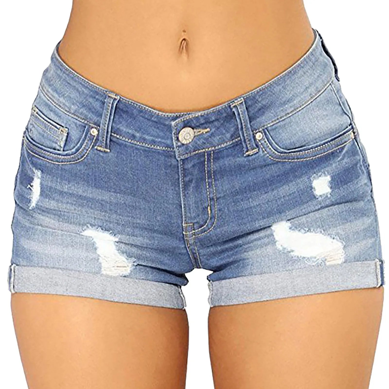 Women's High Waist Cotton Denim Shorts with Distressed Details and Classic Everyday Fit