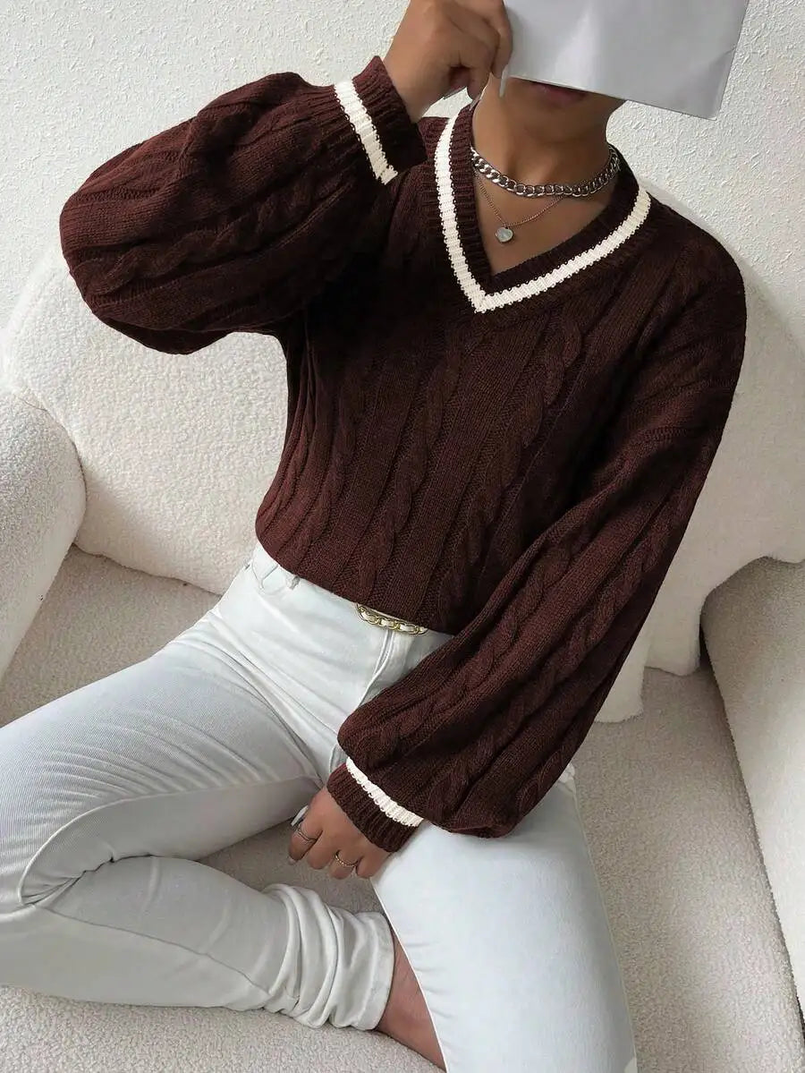Women's Cable Knit V Neck Sweater with Contrast Trim Relaxed Fit Design