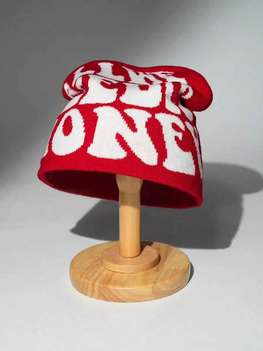 Typography Graphic Acrylic Knit Beanie for Contemporary Streetwear Winter Casual Everyday Fashion Style