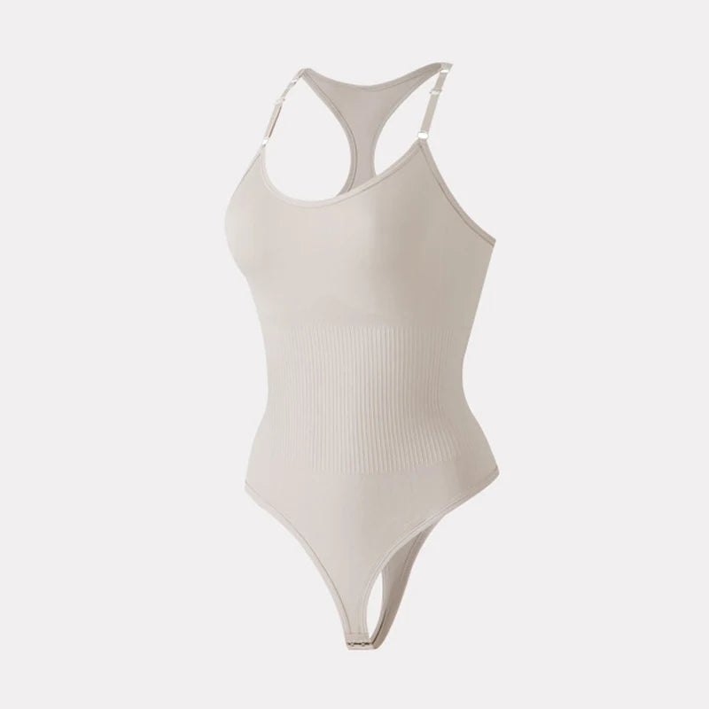 Seamless Racerback Thong Bodysuit in Versatile Beige