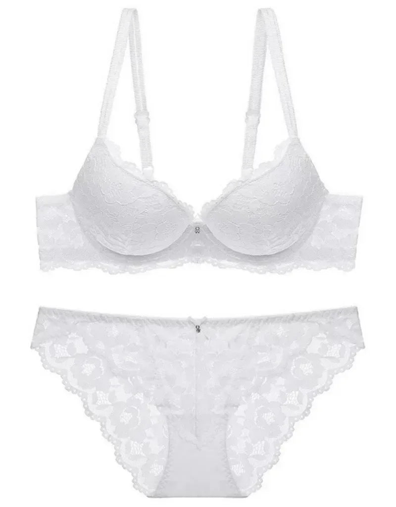 Rich Berry Floral Lace Push-Up Bra and Scalloped Panty Set with Double Strap Detail