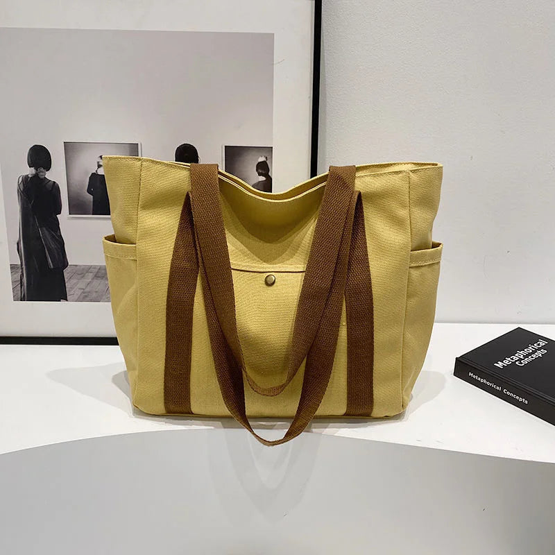 Large Capacity Canvas Tote Shoulder Bag with Multi Pocket Design