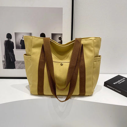 Large Capacity Canvas Tote Shoulder Bag with Multi Pocket Design