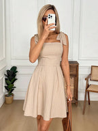 Tie Shoulder Striped A-Line Mini Dress with Square Neck Design