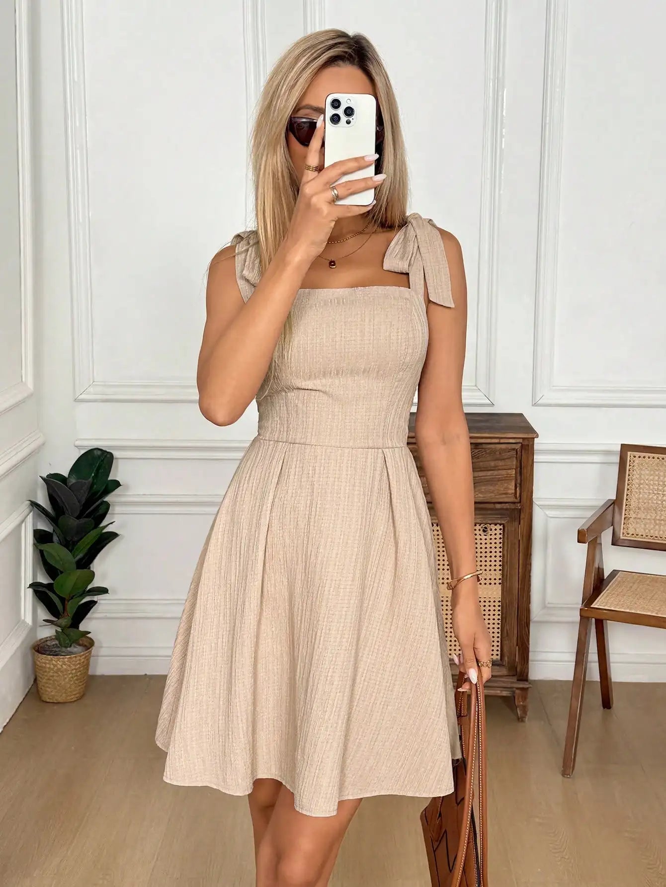 Tie Shoulder Striped A-Line Mini Dress with Square Neck Design