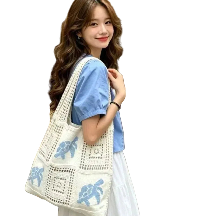 Open Knit Tote Shoulder Bag with Large Capacity Casual Design