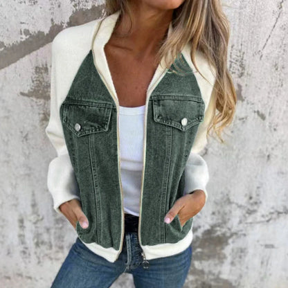 Women's Patchwork Denim Contrast Sleeve Button-Up Casual Streetwear Jacket