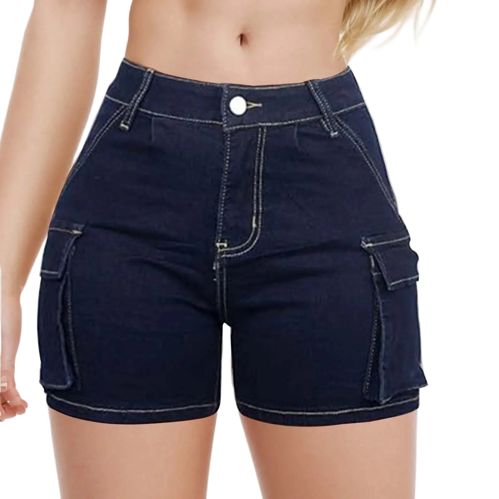 Women's High Waist Denim Style Shorts with Utility Pockets and Structured Everyday Fit