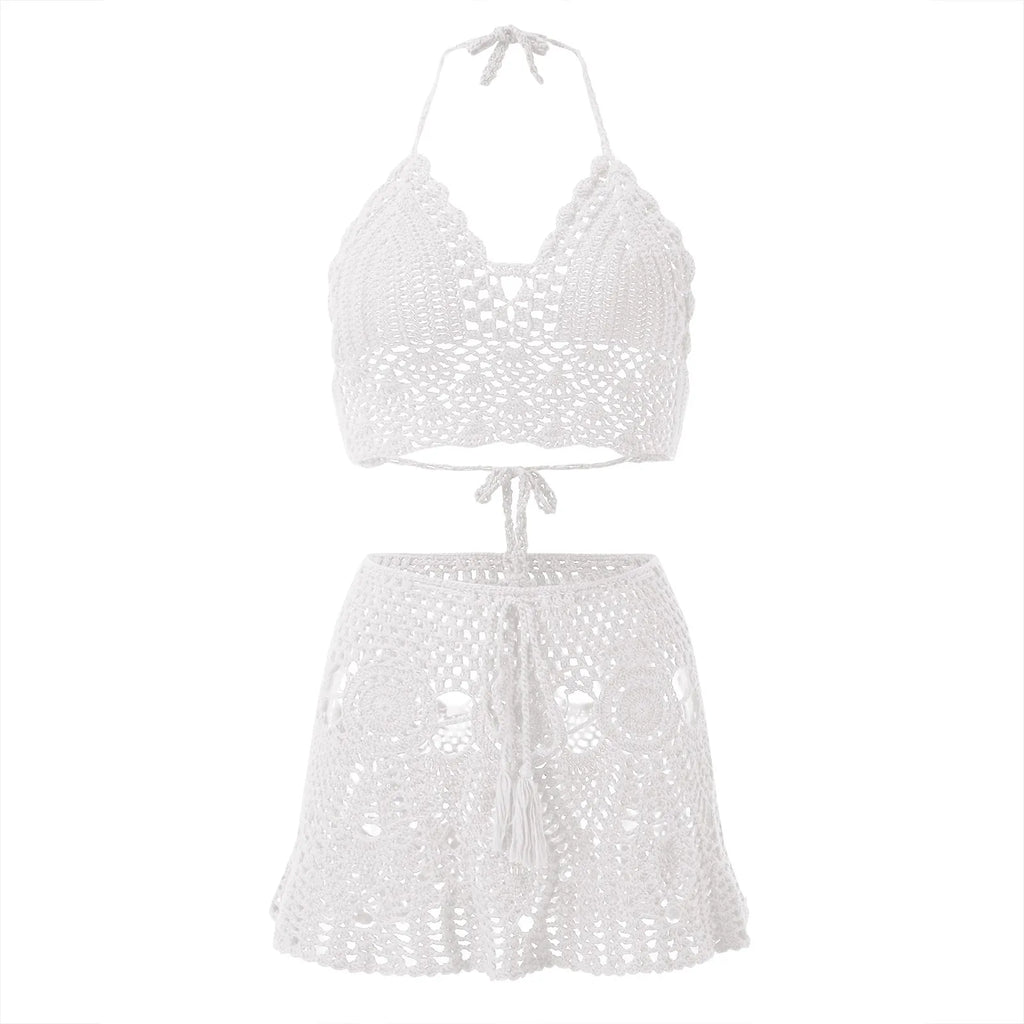 Bohemian Crochet Halter Bralette and Mini Skirt Two-Piece Beachwear Set