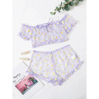 Sheer Black Mesh Daisy Print Two-Piece Loungewear Set with Ruffled Crop Top and Shorts