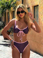 Y2K-Inspired Polka Dot High-Waisted Bikini with Pink Contrast Binding and Front Tie