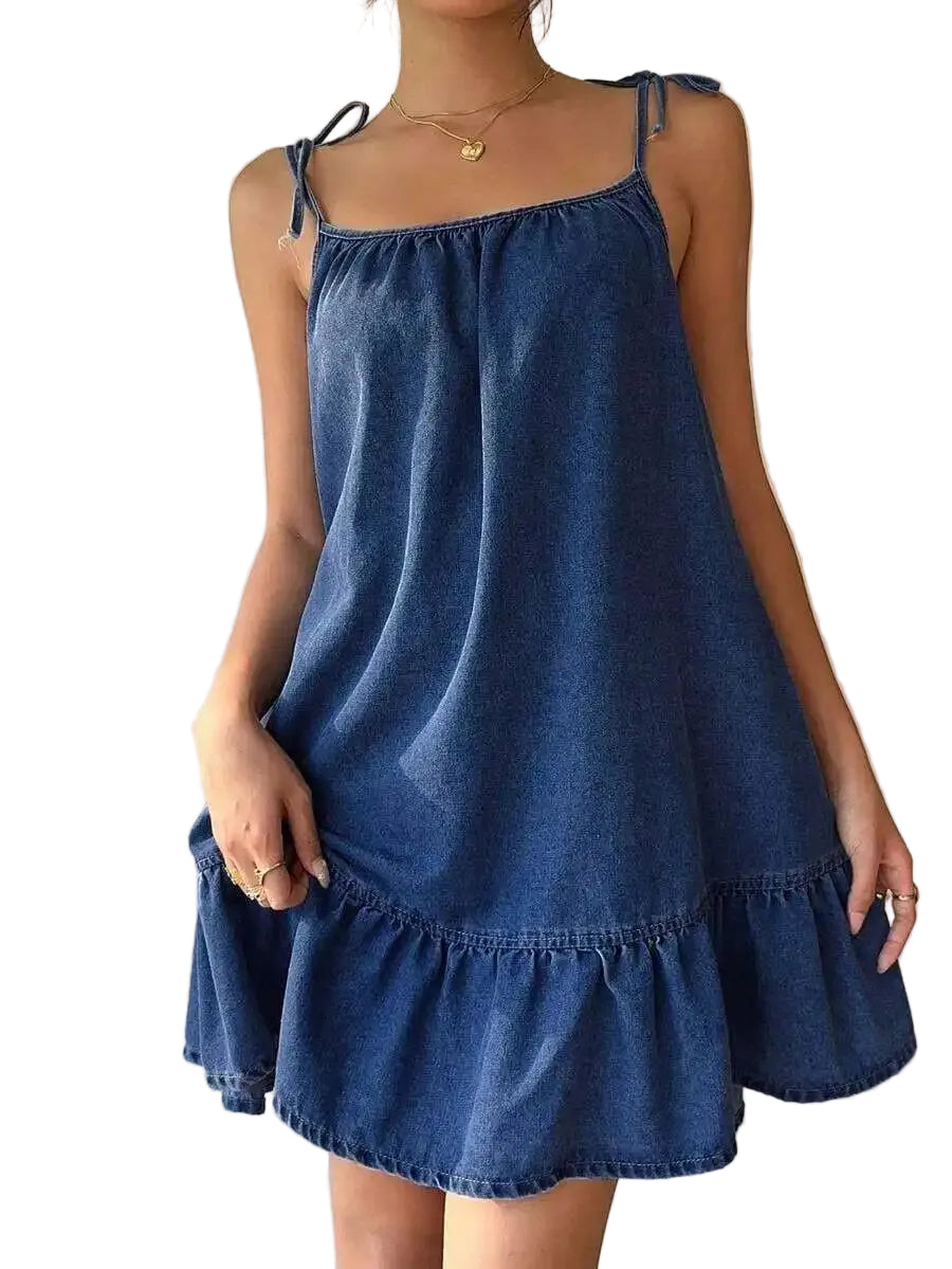 Denim Inspired Spaghetti Strap Mini Dress With Ruffle Hem Relaxed Silhouette