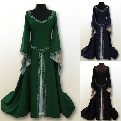 Medieval Gothic Embroidered Maxi Dress with Flowing Bell Sleeves and Elegant Silhouette