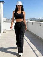 High Waist Cargo Flare Pants with Drawstring Waist Relaxed Streetwear Wide Leg Fit