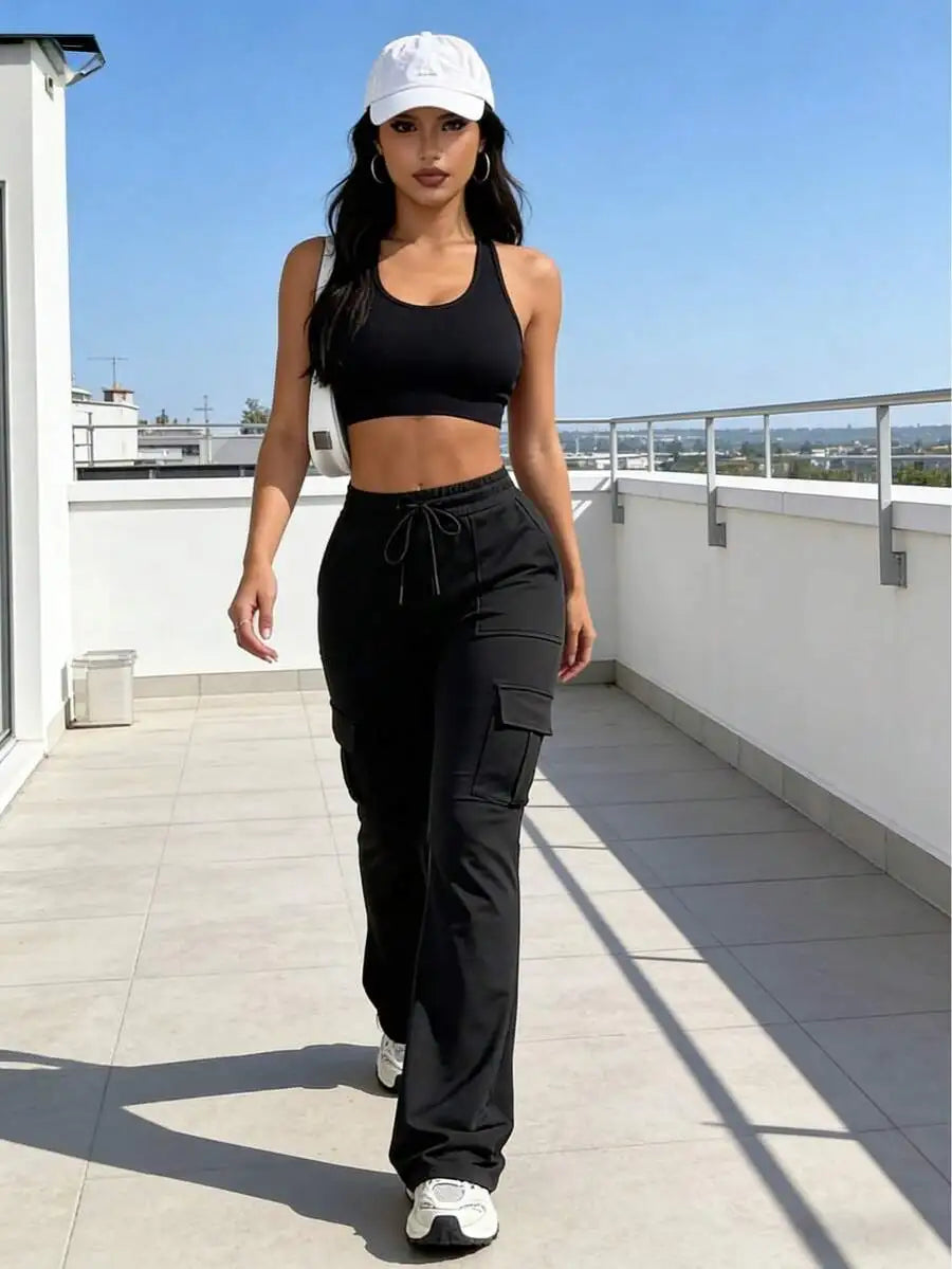 High Waist Cargo Flare Pants with Drawstring Waist Relaxed Streetwear Wide Leg Fit
