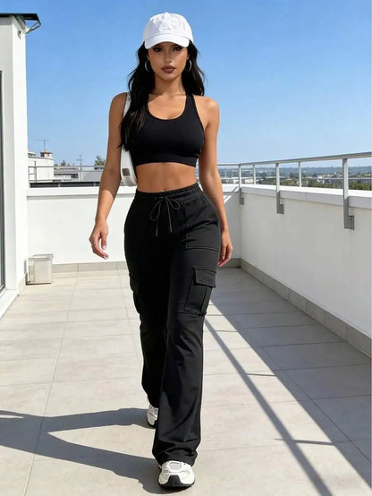 High Waist Cargo Flare Pants with Drawstring Waist Relaxed Streetwear Wide Leg Fit