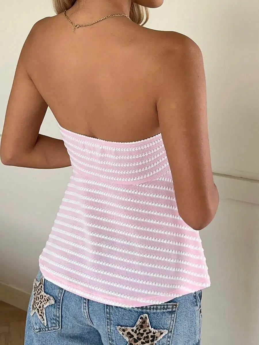 Women's Strapless Knit Tube Top with Front Drawstring Detail and Relaxed Summer Streetwear Style