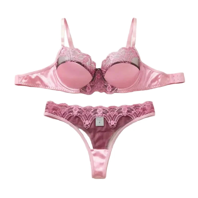 Contrast Floral Lace Balconette Push-Up Bra and Scalloped Thong Set