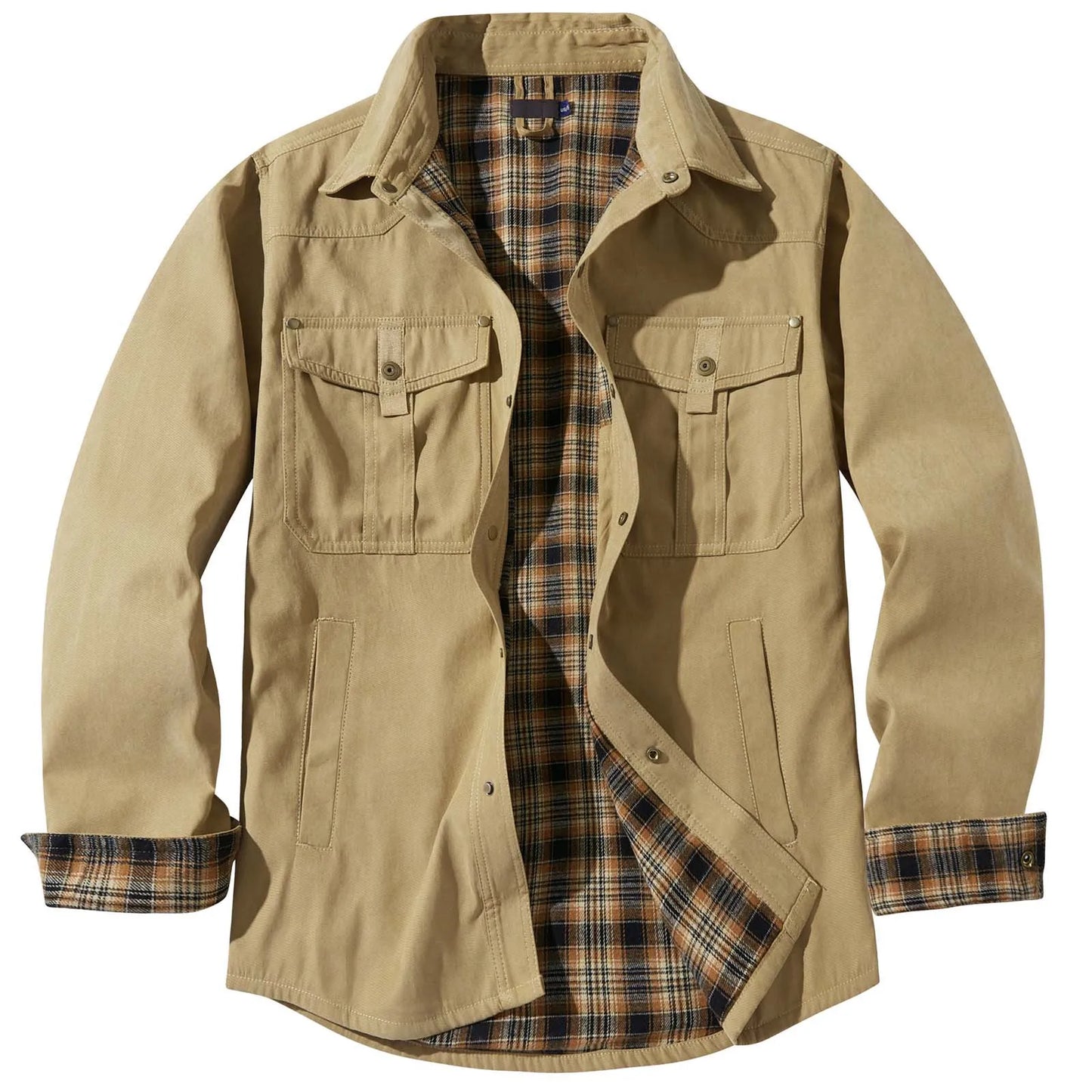 Men's Plaid-Lined Utility Overshirt Jacket with Vintage Casual Styling