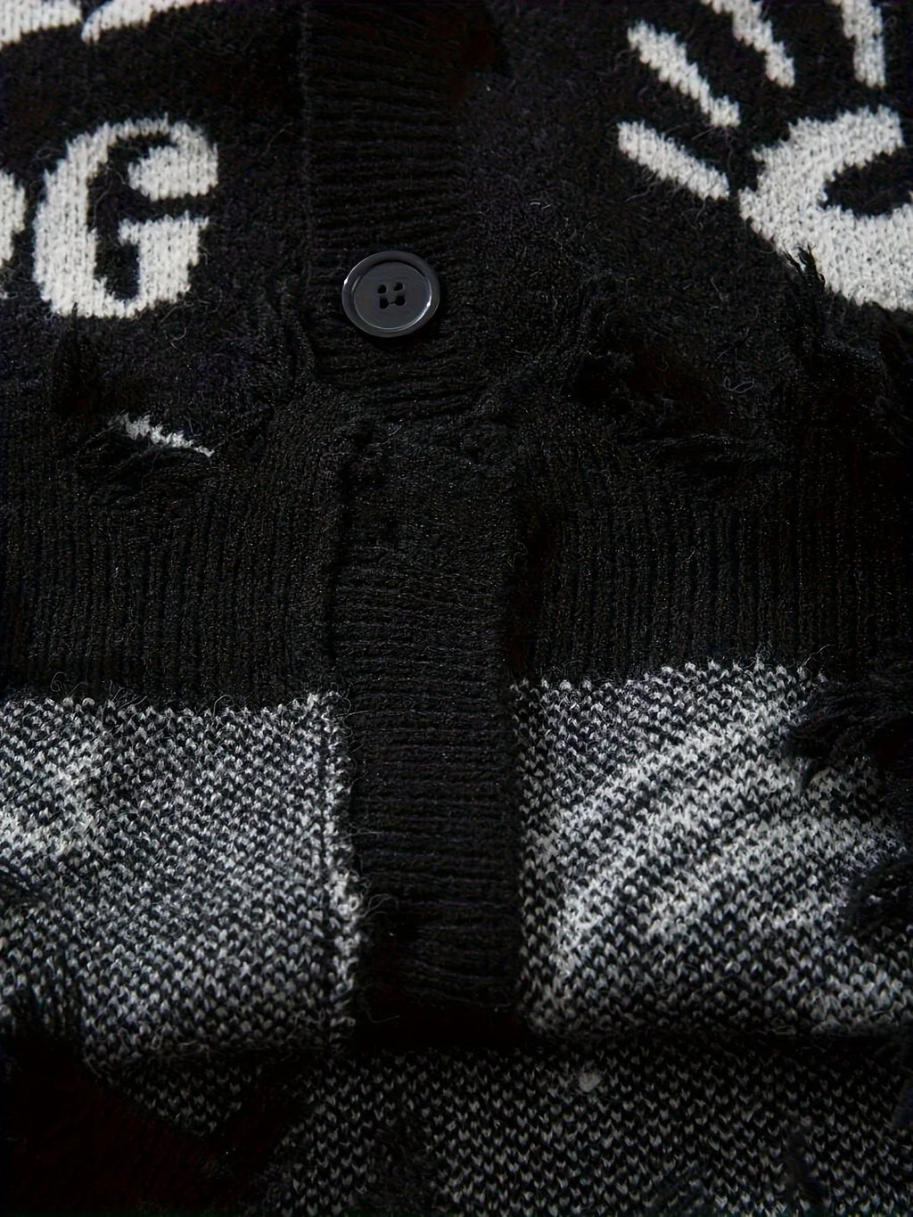 Men's Distressed Graphic Knit Cardigan Relaxed Fit Streetwear Sweater