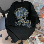 Neon Glitch Anime Graphic Oversized Soft Cotton Casual T-Shirt
