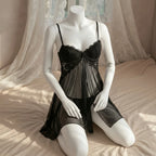 Classic Black Sheer Mesh Babydoll with Floral Lace Cups and Matching Panty