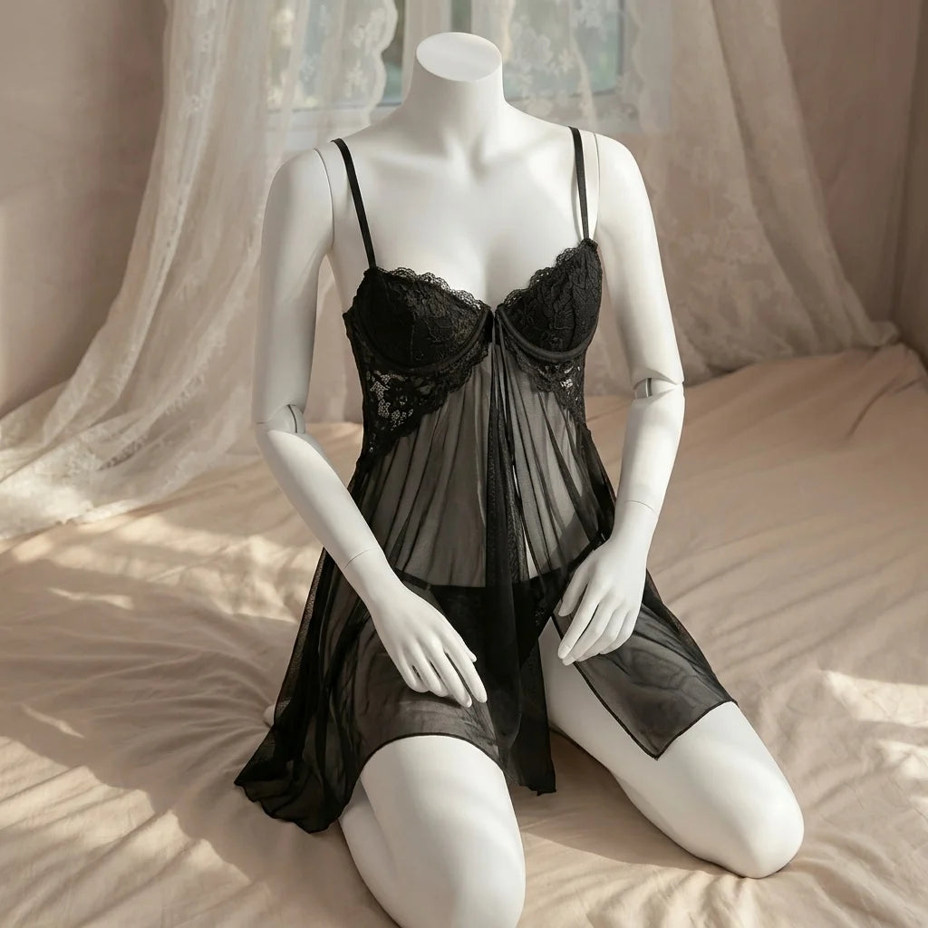 Classic Black Sheer Mesh Babydoll with Floral Lace Cups and Matching Panty