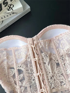Romantic Light Pink Sheer Lace Strapless Corset with Floral Embroidery and Tie Detailing