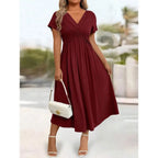 Flowing V Neck Midi Dress With Soft Draped Silhouette