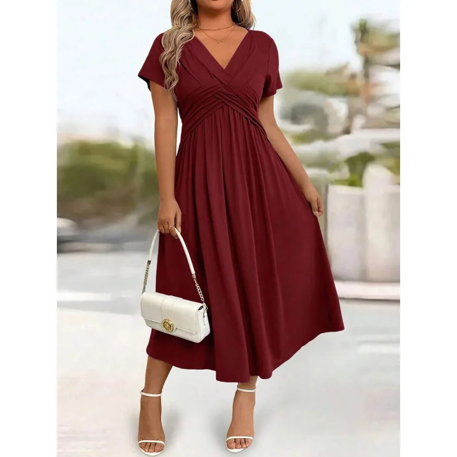 Flowing V Neck Midi Dress With Soft Draped Silhouette