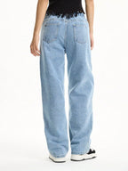 Women's Mid-Rise Loose Straight Leg Floral Embroidered Wide-Leg Denim Jeans for Casual Streetwear