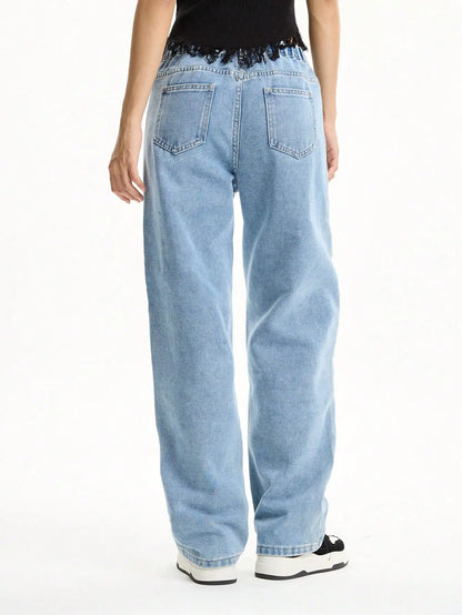 Women's Mid-Rise Loose Straight Leg Floral Embroidered Wide-Leg Denim Jeans for Casual Streetwear