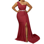 Vibrant Yellow One-Shoulder Evening Gown with Ruched Bodice and High Slit