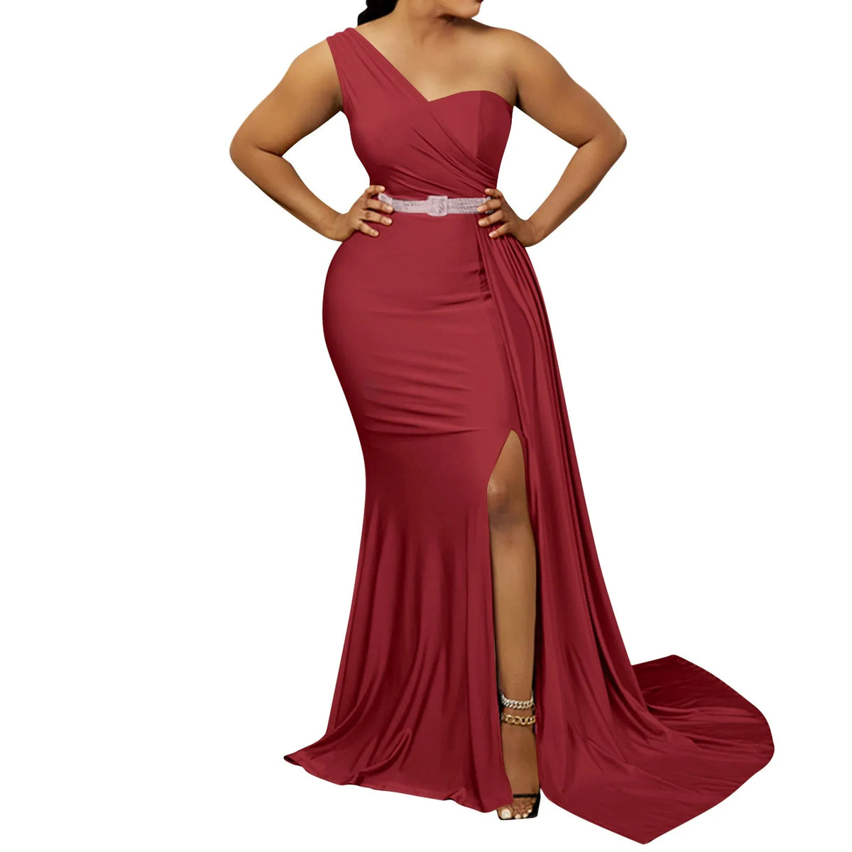 Vibrant Yellow One-Shoulder Evening Gown with Ruched Bodice and High Slit