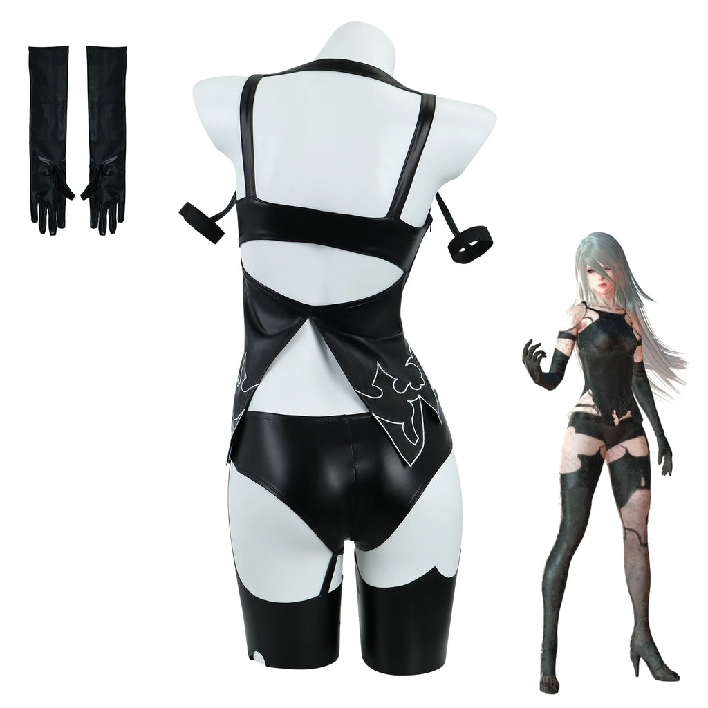 Fierce Glossy Black Cutout Bodysuit with Asymmetrical Leg Accents and Gloves