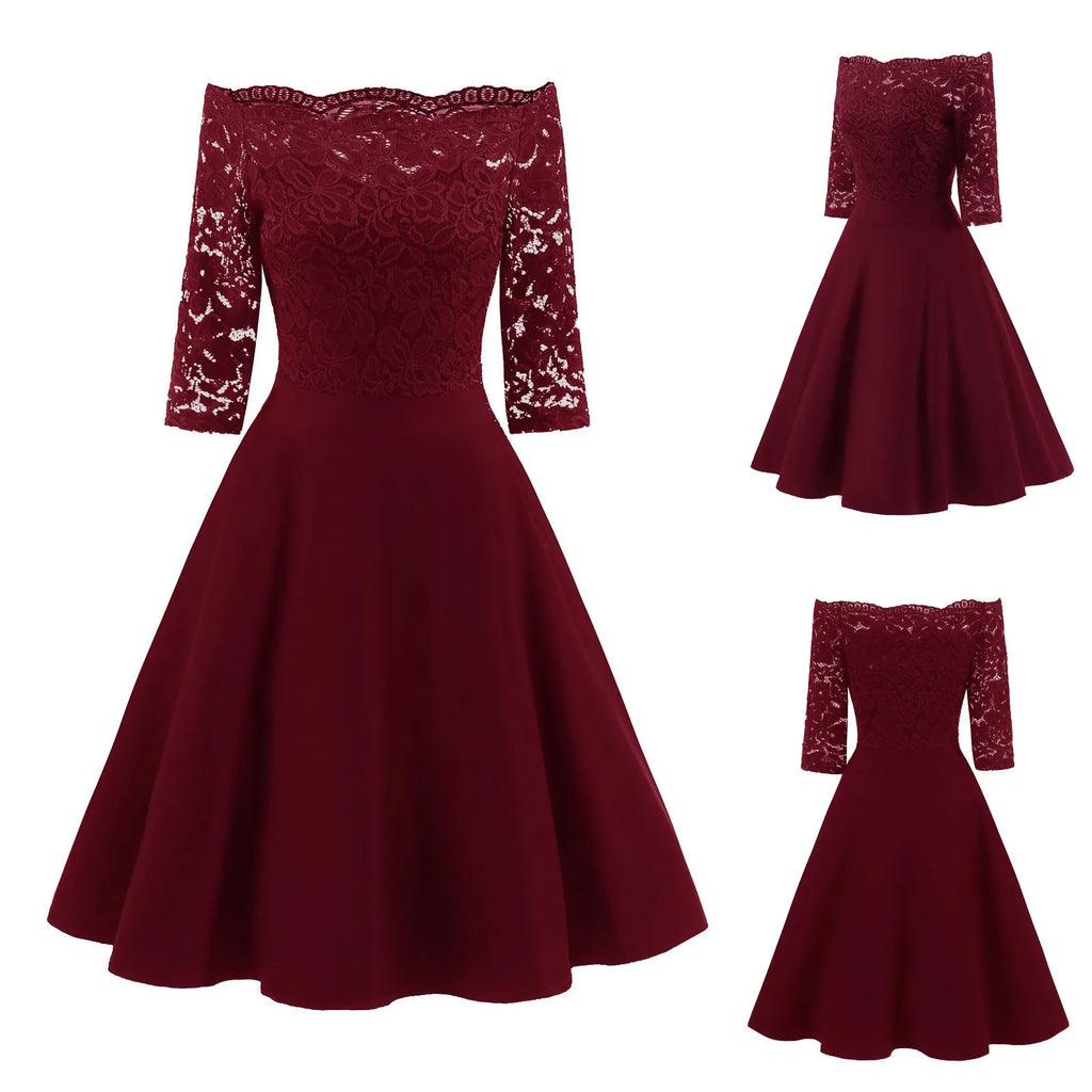 Elegant Burgundy Off-the-Shoulder Dress with Floral Lace Sleeves and Flared Skirt