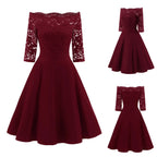 Elegant Burgundy Off-the-Shoulder Dress with Floral Lace Sleeves and Flared Skirt