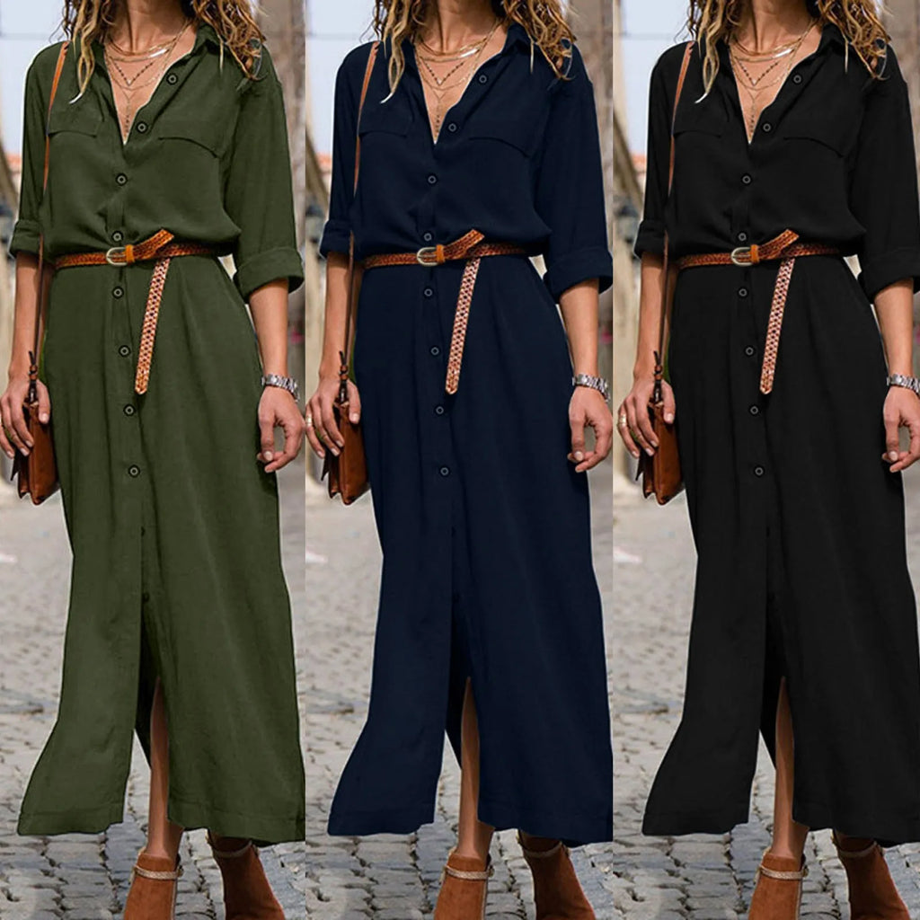 Relaxed Linen Blend Shirt Maxi Dress with Belt and Long Sleeves