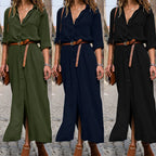 Relaxed Linen Blend Shirt Maxi Dress with Belt and Long Sleeves