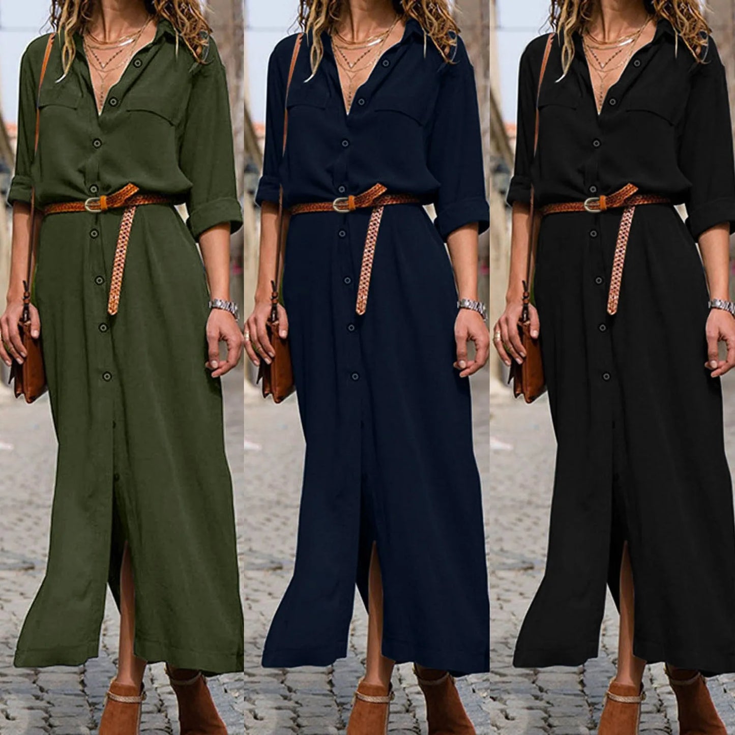 Relaxed Linen Blend Shirt Maxi Dress with Belt and Long Sleeves