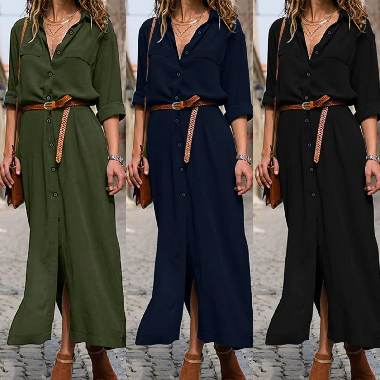 Relaxed Linen Blend Shirt Maxi Dress with Belt and Long Sleeves