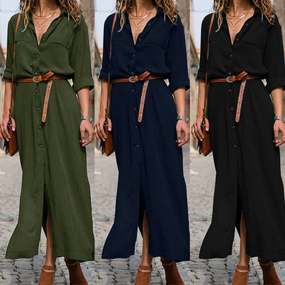 Relaxed Linen Blend Shirt Maxi Dress with Belt and Long Sleeves