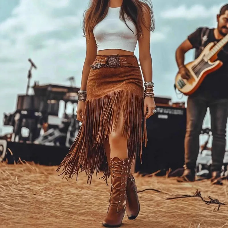 Fringe Trim Faux Suede Mini Skirt with Western-Inspired Streetwear Style