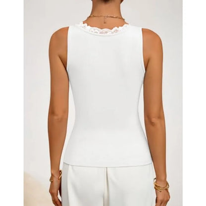 Ribbed Lace Trim Tank Top with V-Neck Slim Fit Casual Everyday Style