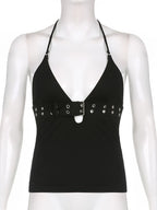 Strappy Buckle Detail Crop Top with Backless Streetwear Inspired Silhouette