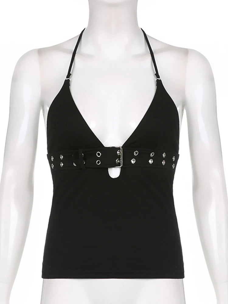 Strappy Buckle Detail Crop Top with Backless Streetwear Inspired Silhouette