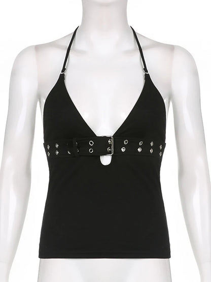 Strappy Buckle Detail Crop Top with Backless Streetwear Inspired Silhouette
