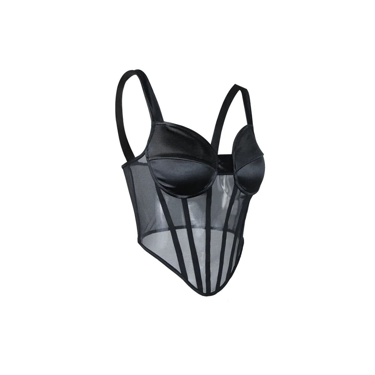 Sheer Mesh Bustier Corset Top with Structured Cups and Satin-Inspired Panels
