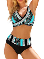 Geometric Print Cross-Front Bikini Top with High-Waisted Color-Block Bottoms