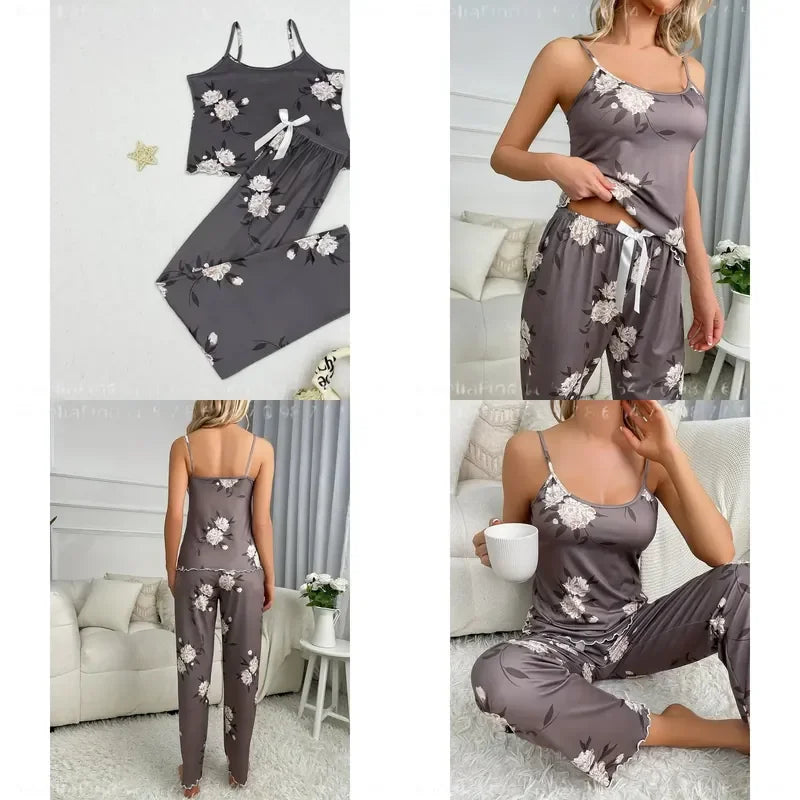 Floral Camisole and Bow-Detail Long Pants Pajama Set with Fine Straps, Coordinated Print and Elegant Relaxed Silhouette